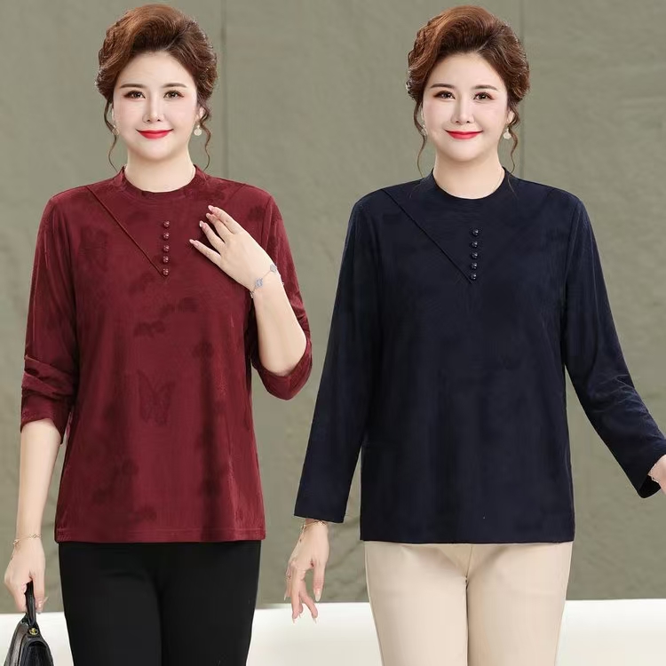 民族风打底衫大码妈妈装公主袖薄款中老年女装长袖厚款春秋