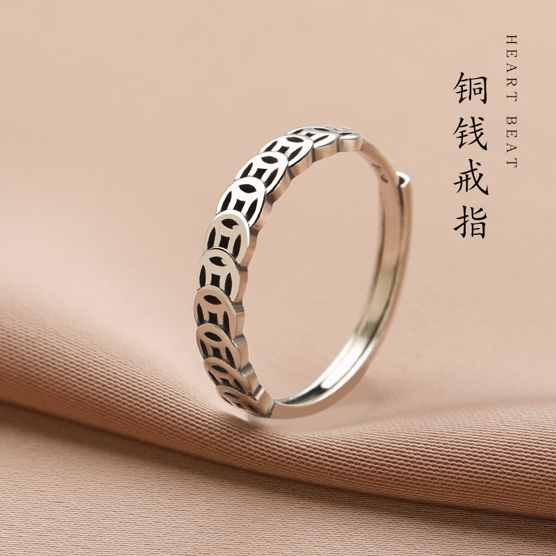925银戒指 铜钱戒指女2025爆款钱多多食指戒尾戒招财小众情侣戒指
