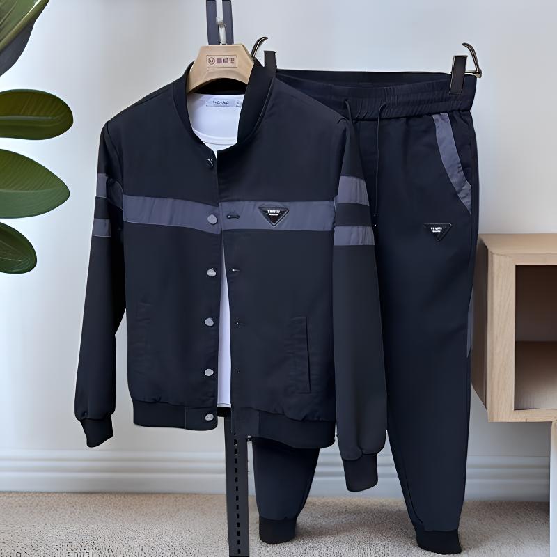 秋季新款男士立领夹克束脚长裤套装撞色拼接时尚休闲潮流运动套装