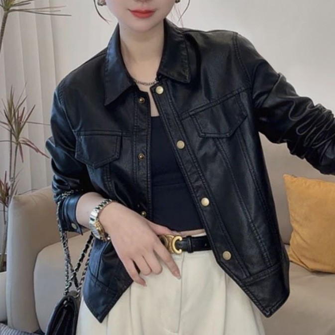 24小时发货秋季薄款洋气时尚短款翻领PU皮衣女外套夹克纽扣上衣服