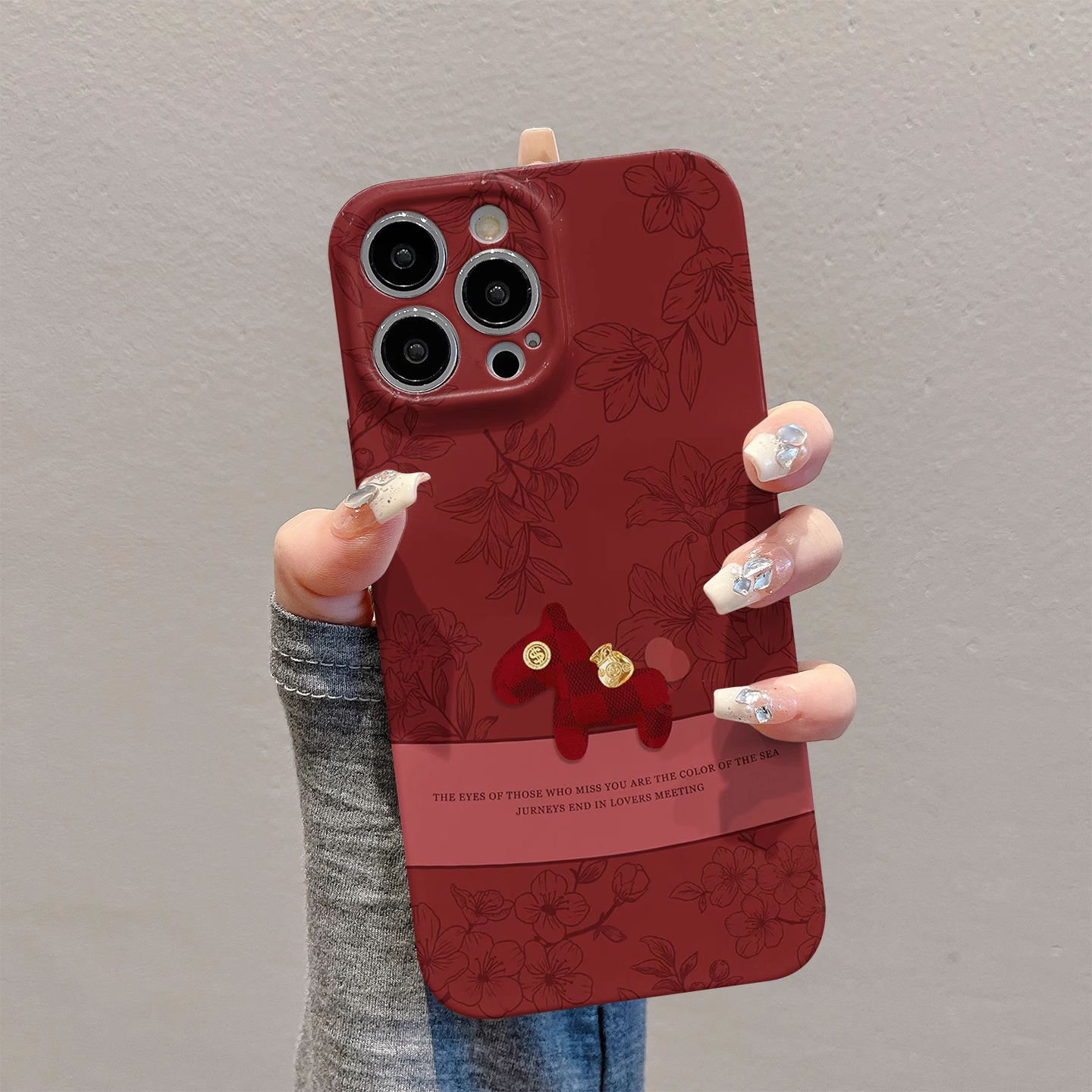 红色花朵小马适用苹果17/16菲林手机壳华为新年vivo小米15新款opp