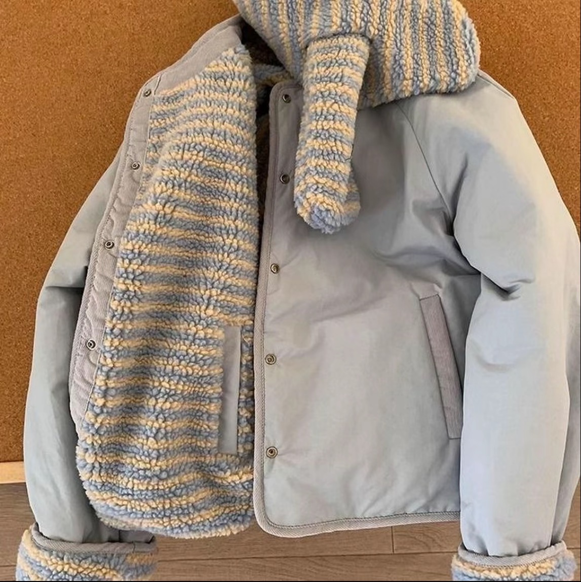 韩系休闲两面穿外套女短款配围巾冬季新款小众宽松圆领加厚上衣