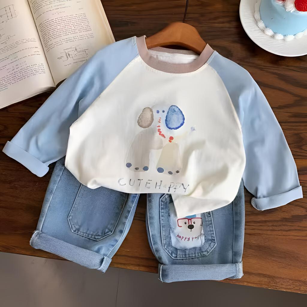 大象涂鸦字母印花纯棉长袖T恤男女童时尚新款拼色百搭宽松上衣服