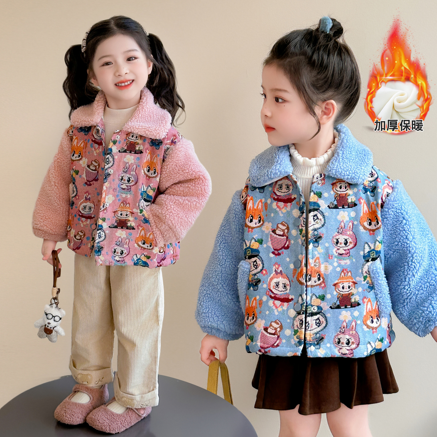 女童加绒外套2025春秋款儿童韩版卡通上衣宝宝休闲百搭开衫呢大衣