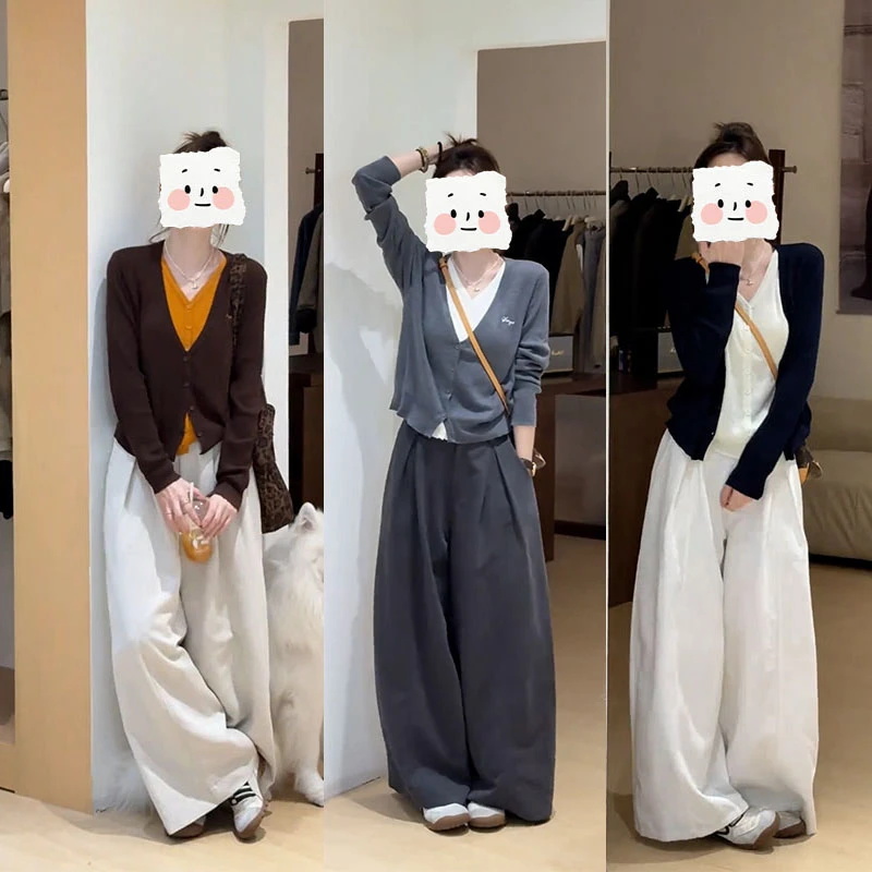 2025秋季新款时尚套装女撞色假两件针织上衣显瘦阔腿裤百搭两件套