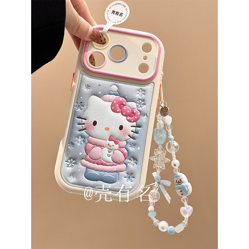 冬日蓝渐变雪花粉衣kitty链条适用苹果17手机壳iPhone16/15少女14