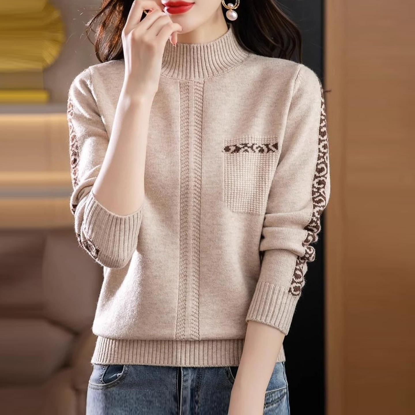 半高领提花套头针织打底衫女2025秋冬新款宽松大码显瘦百搭毛衣厚