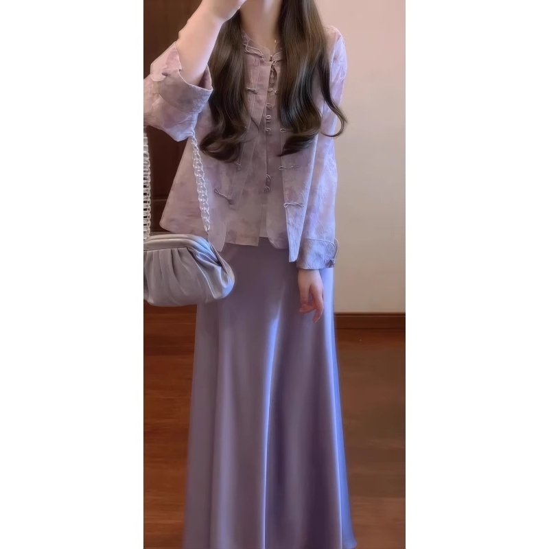 2025春新款新中式国风紫色盘扣无袖马甲半身裙圆领马甲三件套806