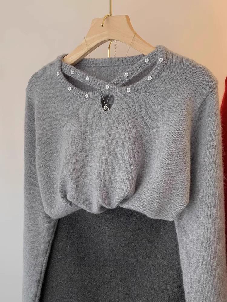 长袖毛衣女秋冬新款洋气灰色高级感软糯镂空设计感百搭保暖毛衣