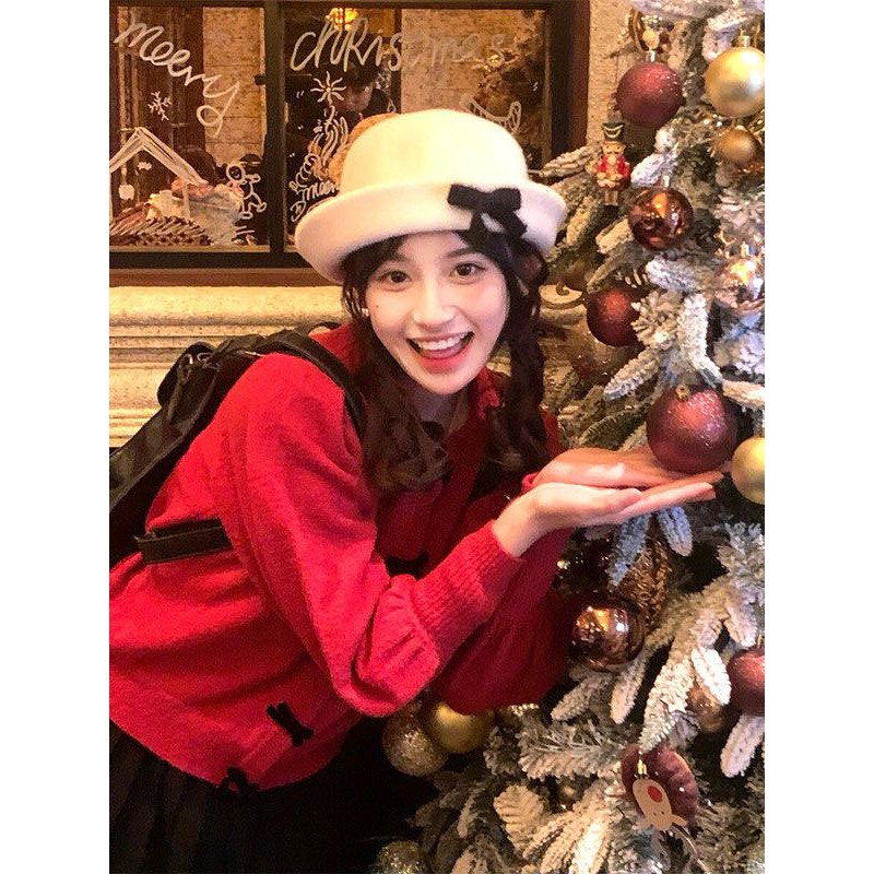 富家千金蝴蝶结礼帽小香风格帽子秋冬盆帽脸小网红显渔夫帽女