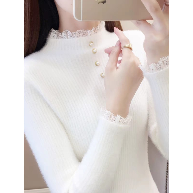 蕾丝半高领仿水貂绒毛衣打底衫女内搭新款秋冬修身针织衫上衣