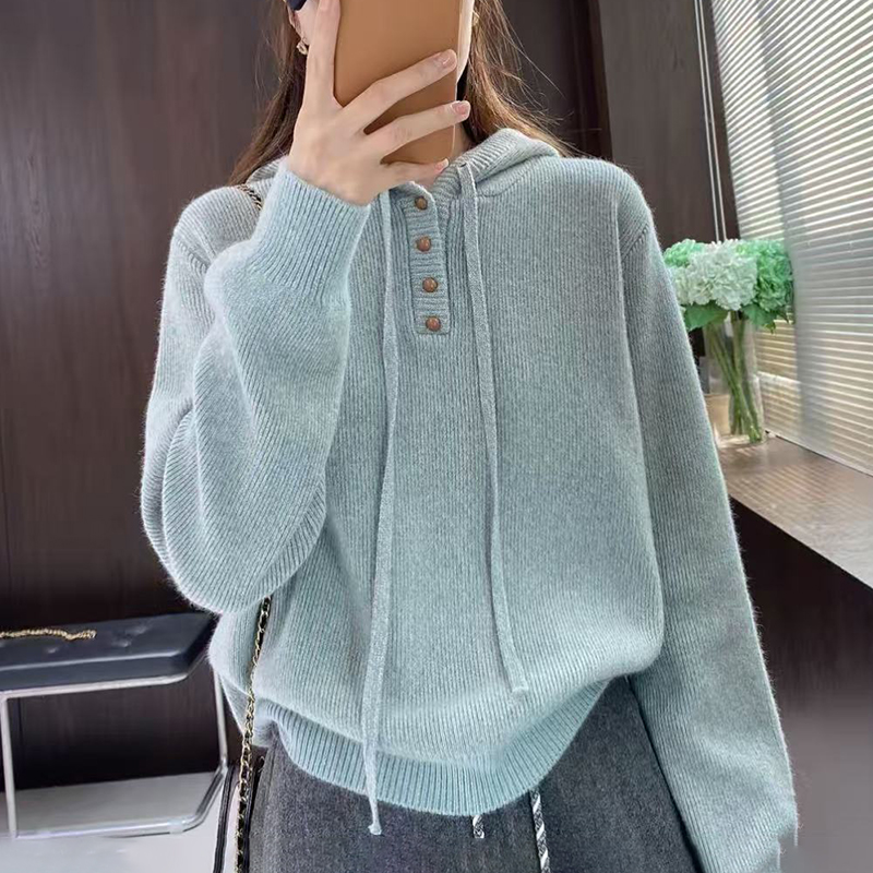 蓝色连帽毛衣针织衫女士秋冬宽松慵懒风软糯减龄显瘦内搭打底上衣