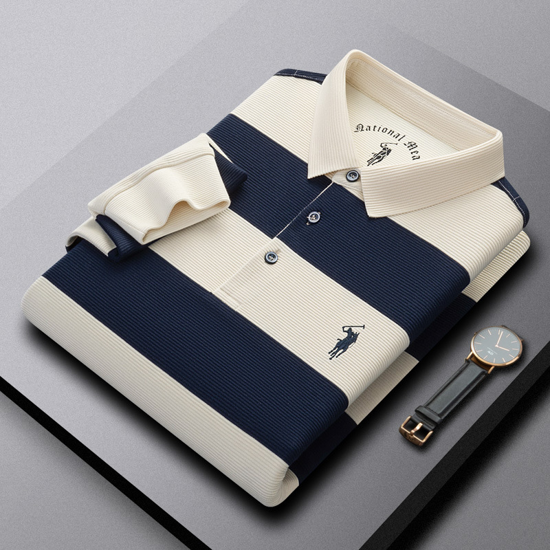POLO衫条纹刺绣经典翻领休闲高档新款早秋百搭长袖马标男装恤商务