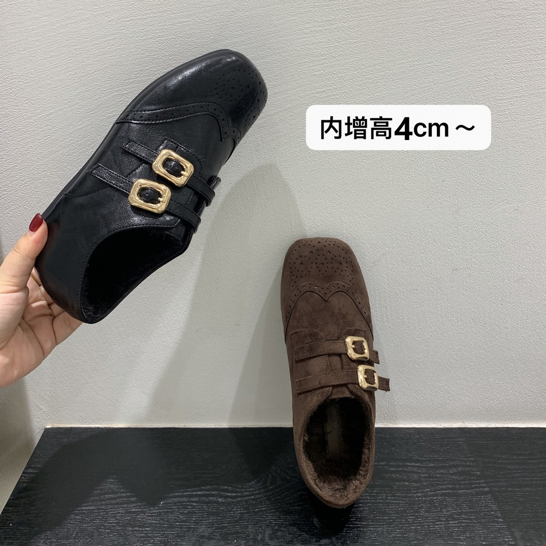 内增高4CM 小个子复古雕花英伦风搭扣加绒保暖一脚蹬玛丽珍小皮鞋