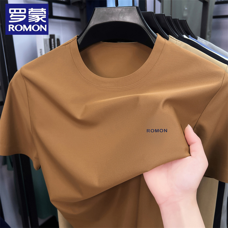 罗蒙冰丝凉感圆领短袖T恤男士夏季休闲潮流轻奢锦氨无痕半袖上衣