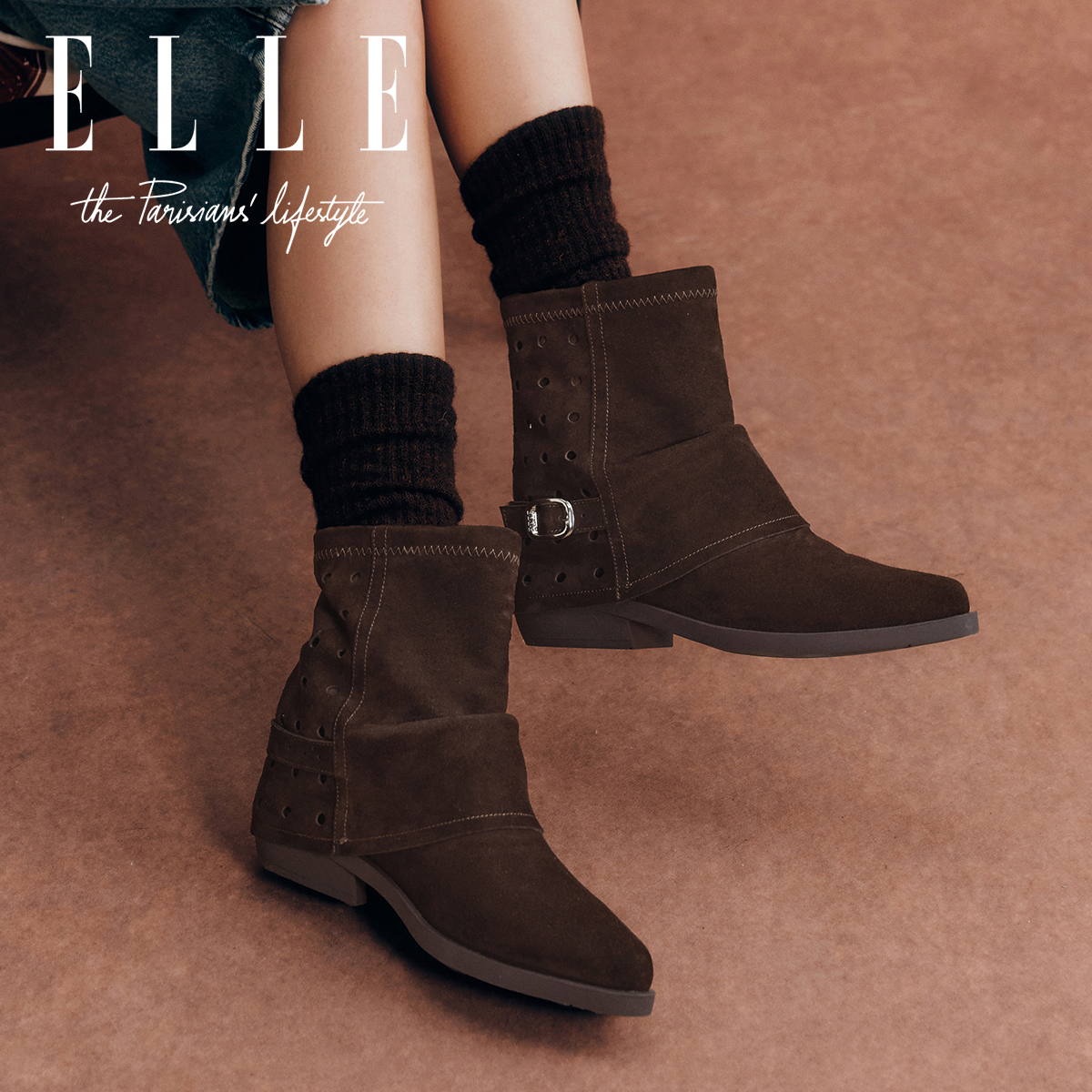 ELLE褶皱堆堆靴女复古尖头皮带扣西部牛仔短靴冬季超火百搭裤管靴