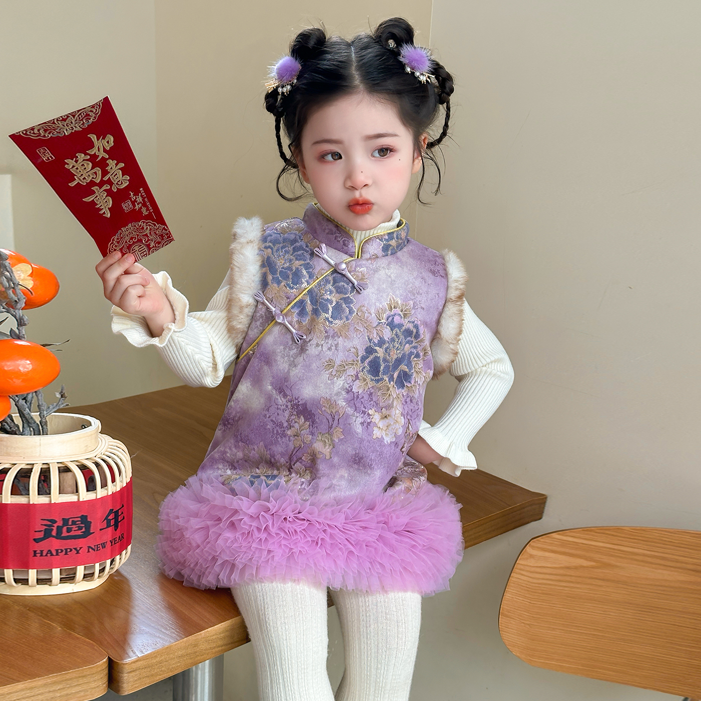 女童加绒加厚新中式国风复古紫色旗袍裙秋冬款儿童女宝小童拜年服