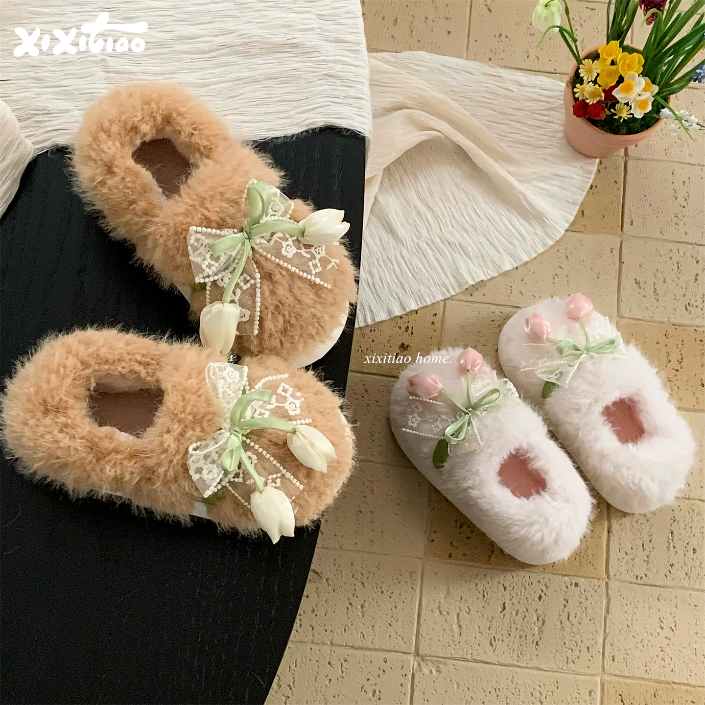 细细条 蕾丝法式郁金香棉拖鞋女网红防滑仙女风居家包跟毛毛鞋冬