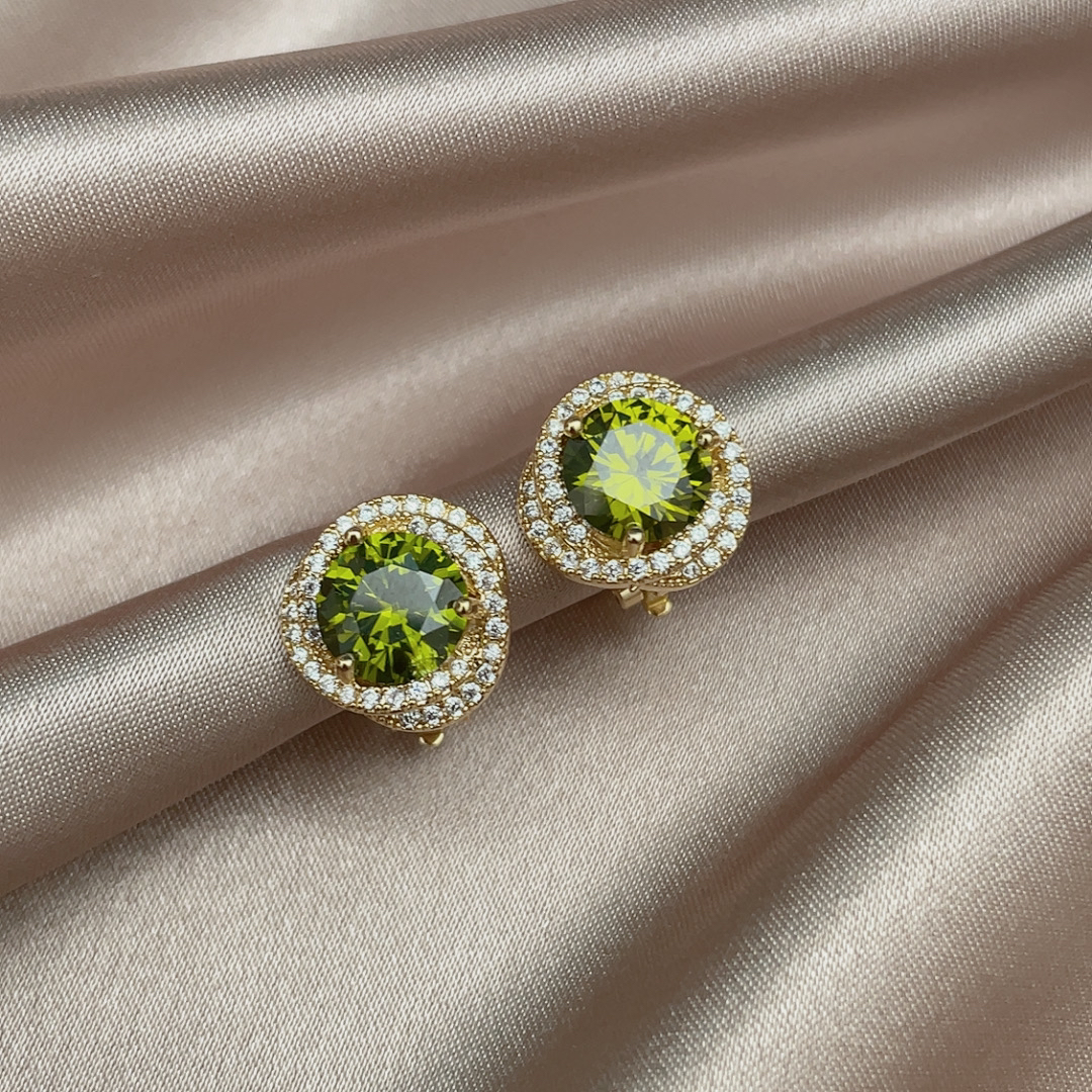 铜合金合成锆石耳饰 无耳洞耳夹轻奢小众气质橄榄绿色高级款耳钉