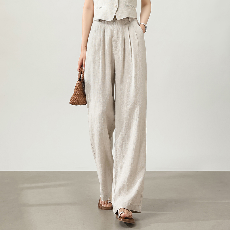 生香 纯亚麻阔腿裤女长裤 高腰宽松休闲收腹显瘦100亚麻直筒裤