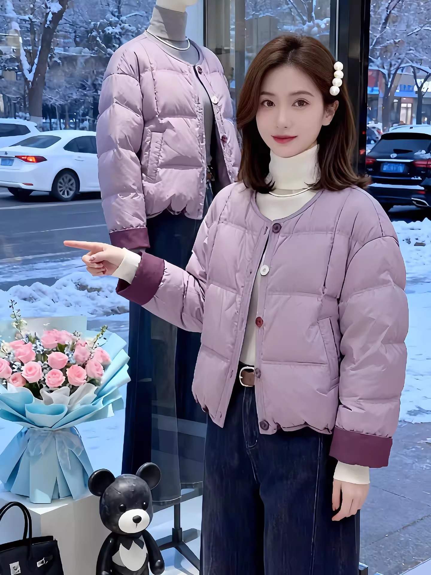 韩系紫色撞色拼接短款棉服女2025秋冬季新款圆领宽松加厚保暖外套