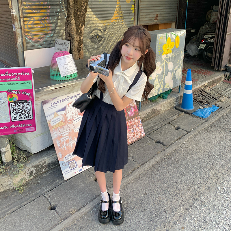 东京岁时记jk简音女子素色背带裙女夏可爱娃娃领白衬衫背带裙套装