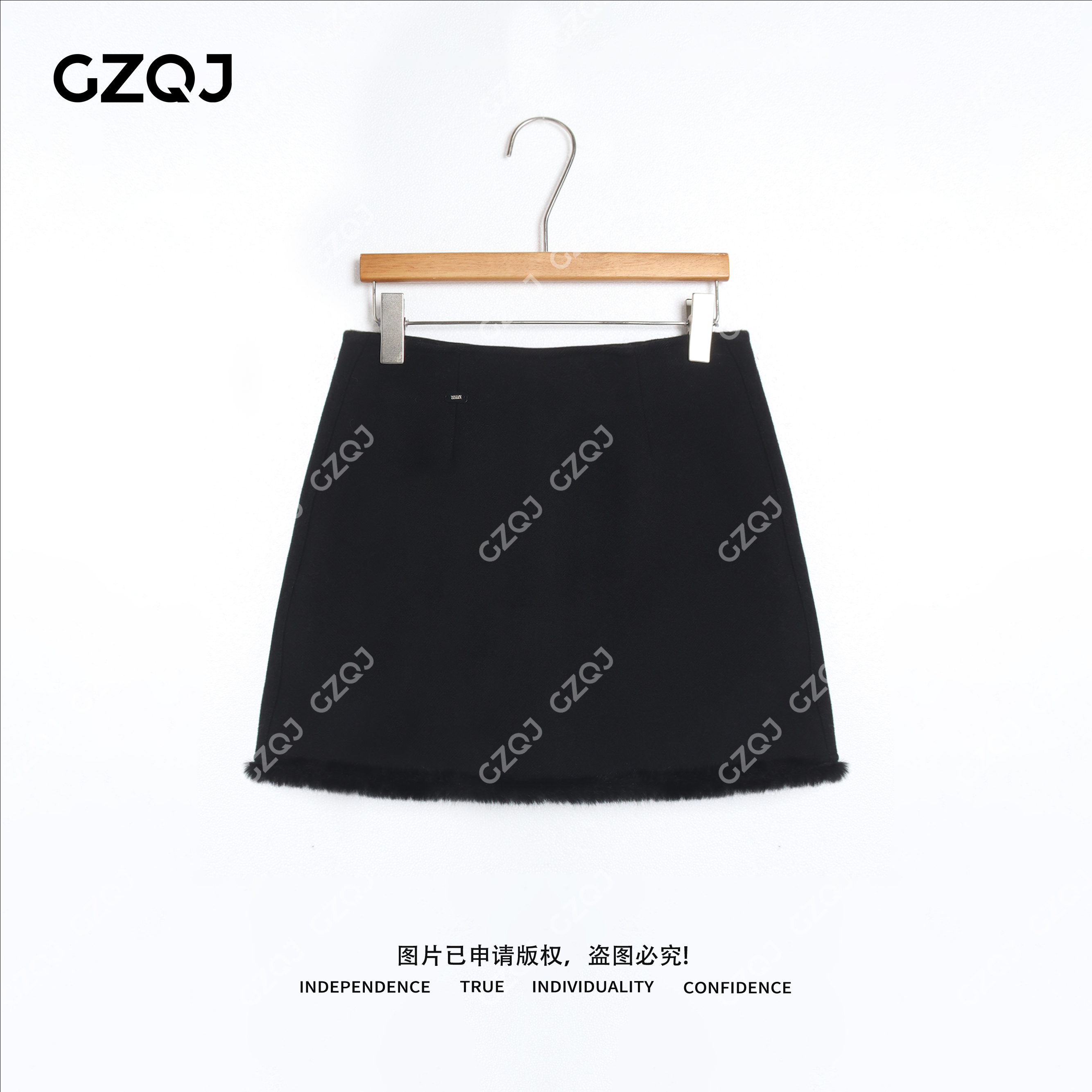 老琴私服【都市魅影】高腰显瘦气质毛毛拼接A字半身短裙子女冬7084