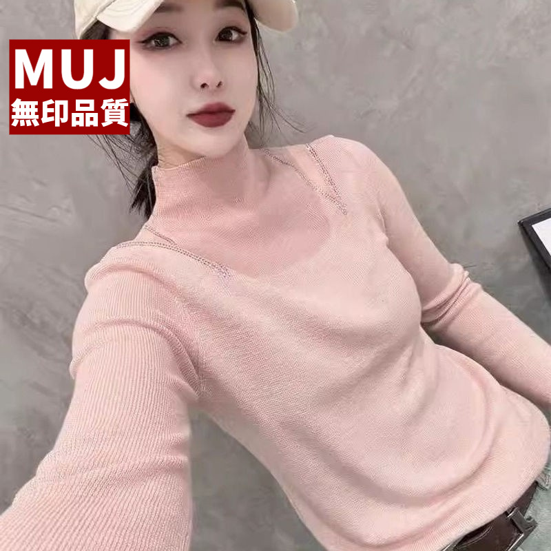 日本无印MuJ品牌折扣欧货蕾丝镶钻镂空长袖针织12高领拉链打底衫