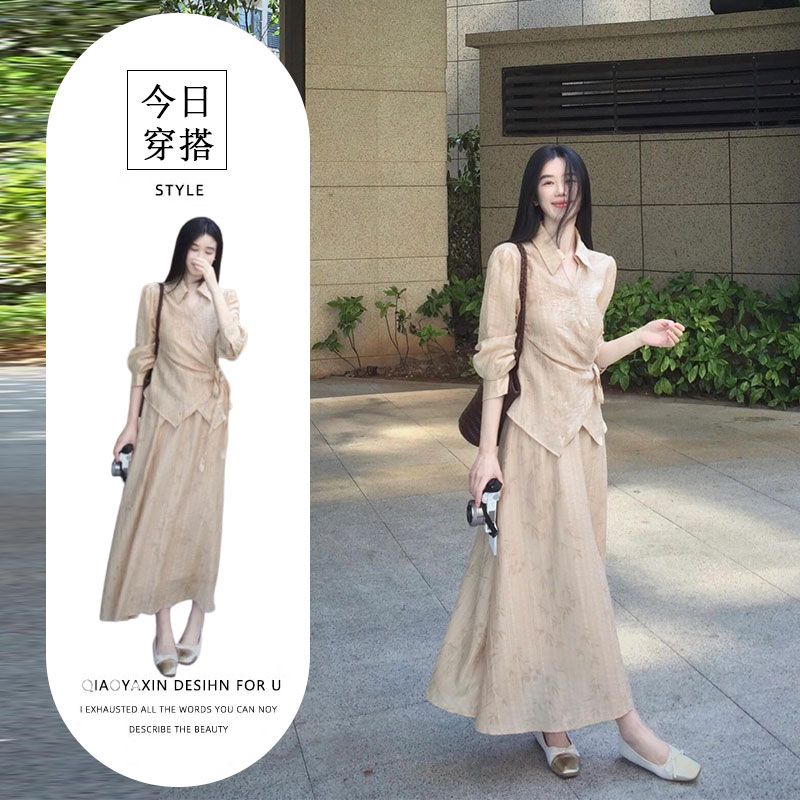 新中式国风气质套装女清冷感小众长袖绑带收腰上衣半身裙两件套装