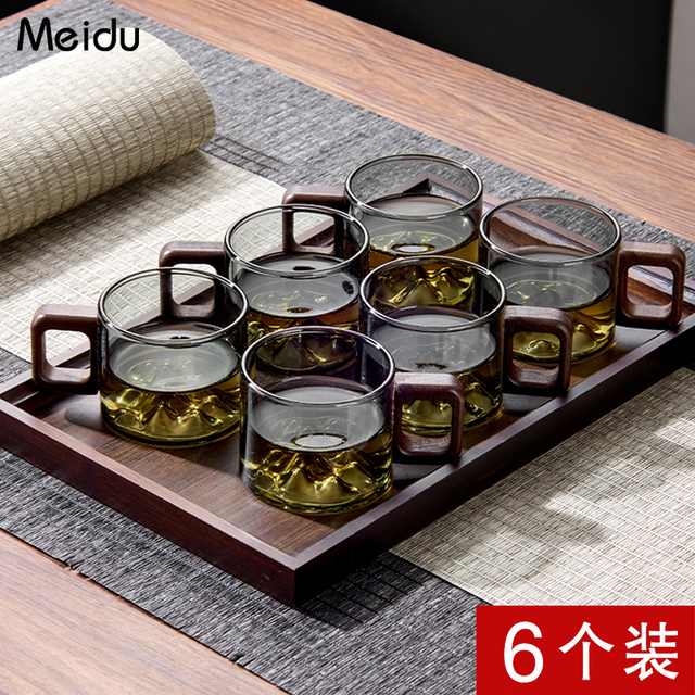 玻璃小茶杯套装6只功夫茶杯办公室带把待客杯中式品茗杯喝茶杯子