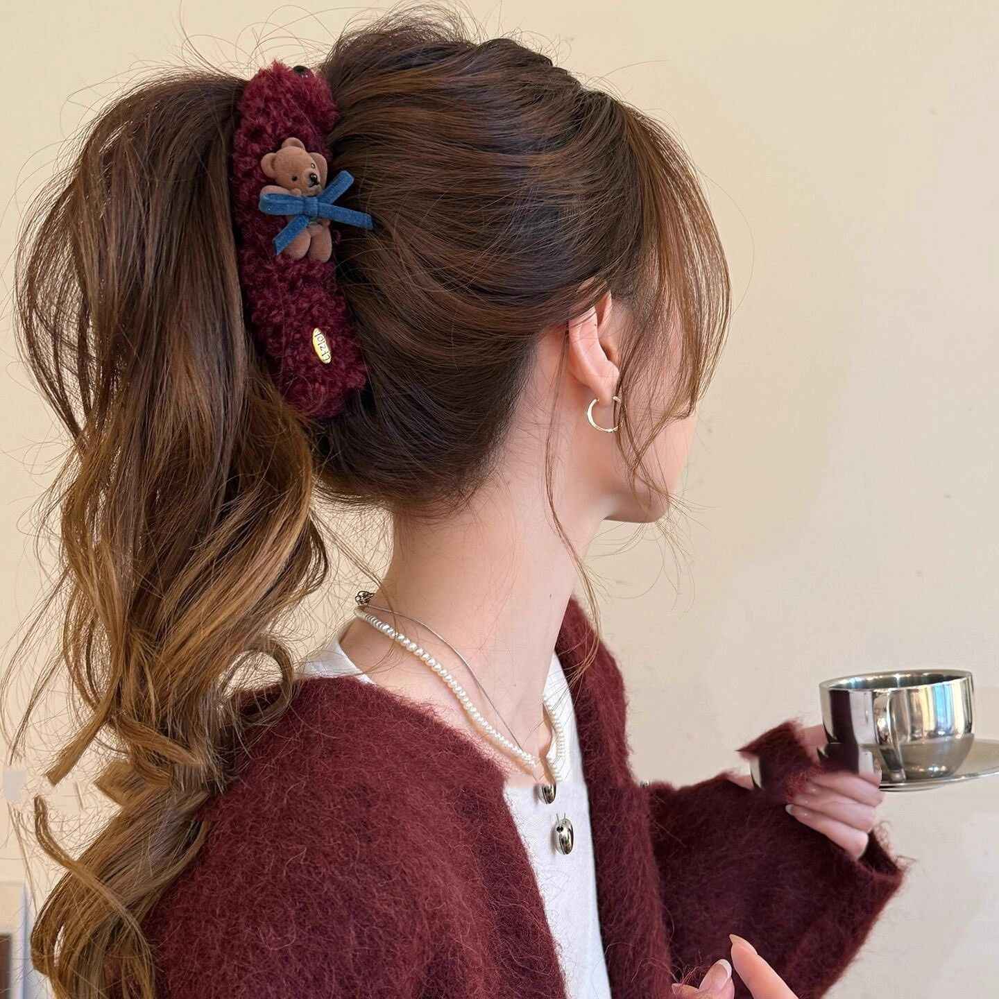 秋冬可爱小熊毛绒高马尾香蕉夹发夹女后脑勺高端竖夹发卡2025新款