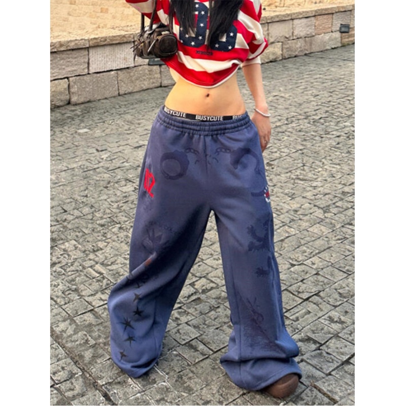 美式复古手绘涂鸦水洗卫裤女2025流行早秋嘻哈街舞宽松垂感阔腿裤