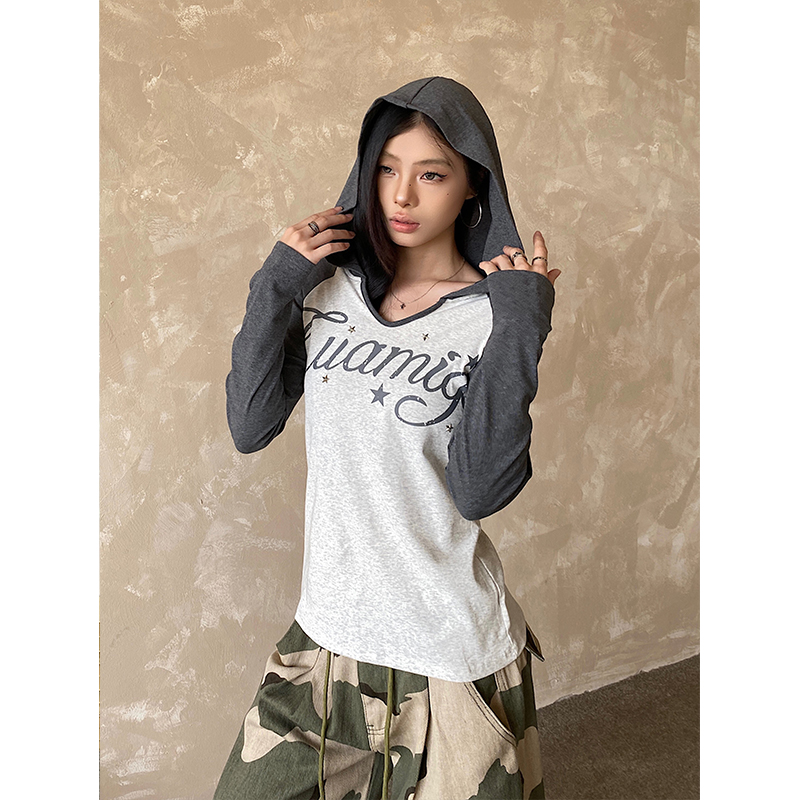 NOWANDHERE美式复古撞色拼接连帽长袖t恤女星星铆钉修身y2k上衣