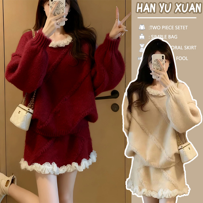 孕妇装新款甜美洋气时尚小个子穿搭一整套针织毛衣半身短裙套装