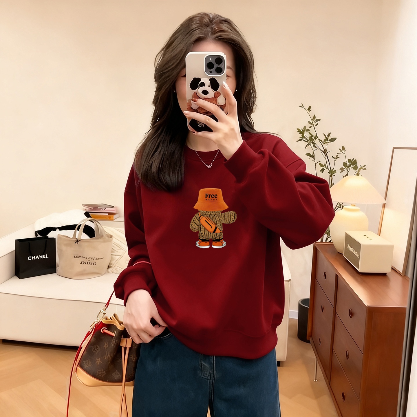 圆领套头卫衣女2026新款秋冬时尚宽松小个子洋气卡通印花加绒外套