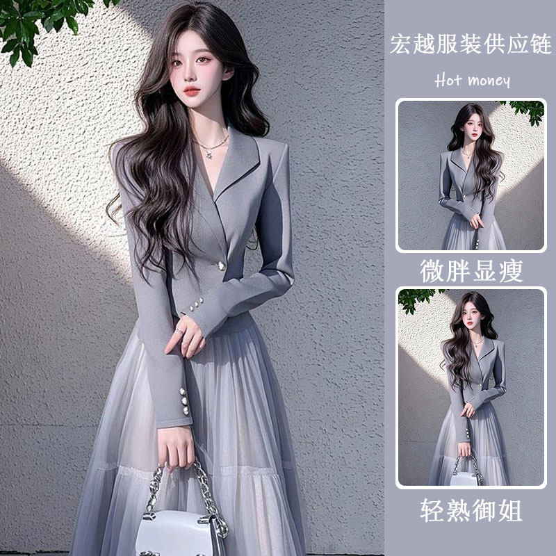 2025年春季轻奢高级感气质名媛小香风灰色西装外套网纱半身裙套装