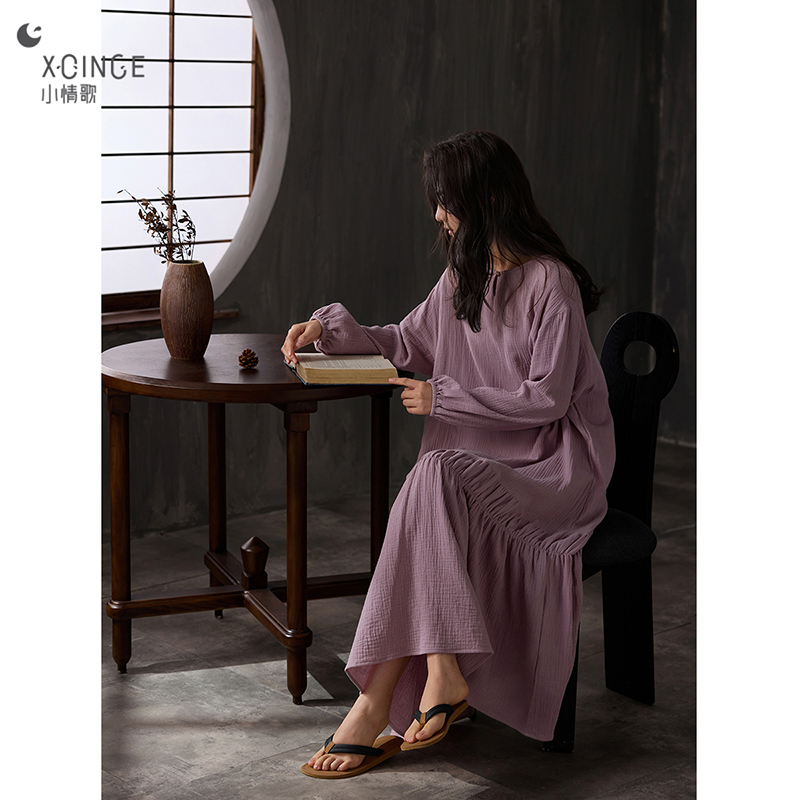 小情歌梭织纯棉女士睡裙睡衣家居服长袖长款高级感宽松睡裙春秋季