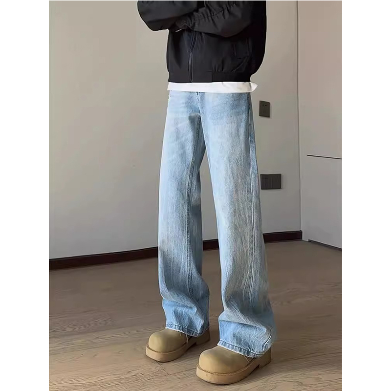 水洗蓝闪电纹牛仔裤男款春季提档显瘦裤子美式高街cleanfit微喇裤