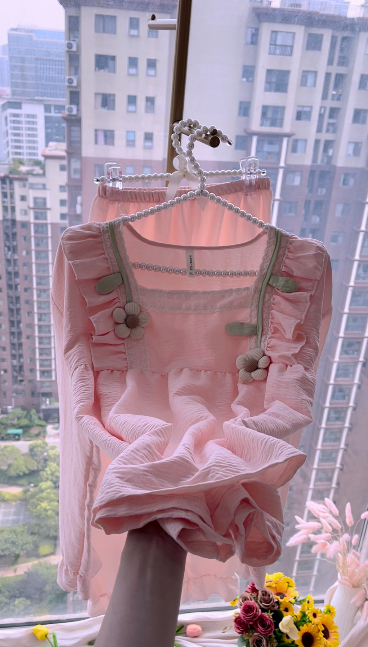 （雅）带胸垫睡衣女春秋季薄款云朵棉长袖长裤加肥大码小香风家居服