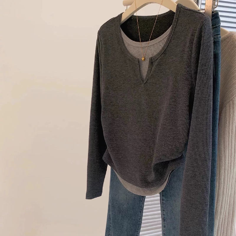 胖MM遮肉240斤假两件打底长袖T恤女秋冬季修身显瘦内搭高级感上衣