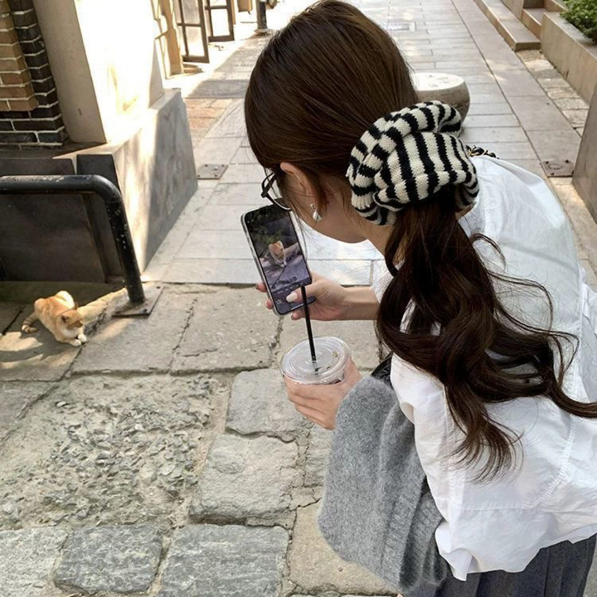 韩国东大门黑白针织撞色条纹肥肠圈秋冬温柔简约毛线扎发头绳发圈