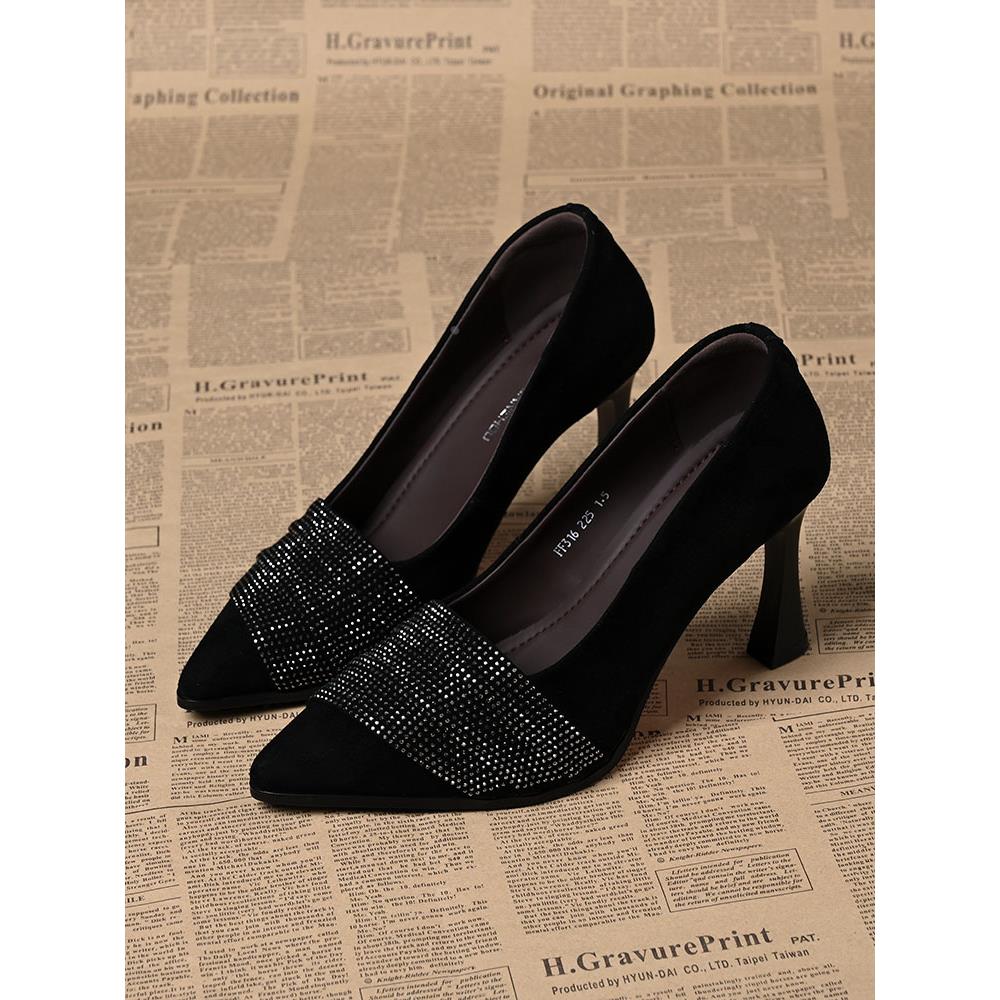 【万达撤柜】真皮羊皮水钻浅口单鞋女春秋新款气质尖头一脚蹬细跟