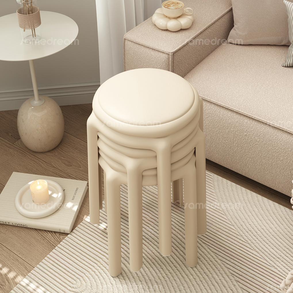 塑料凳子家用软包可叠放加厚结实耐用轻奢高级感圆凳子备用高椅子