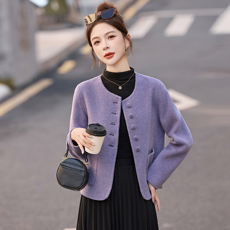 双面羊毛呢外套女短款2025春秋季新款紫色小香风气质百搭呢子大衣