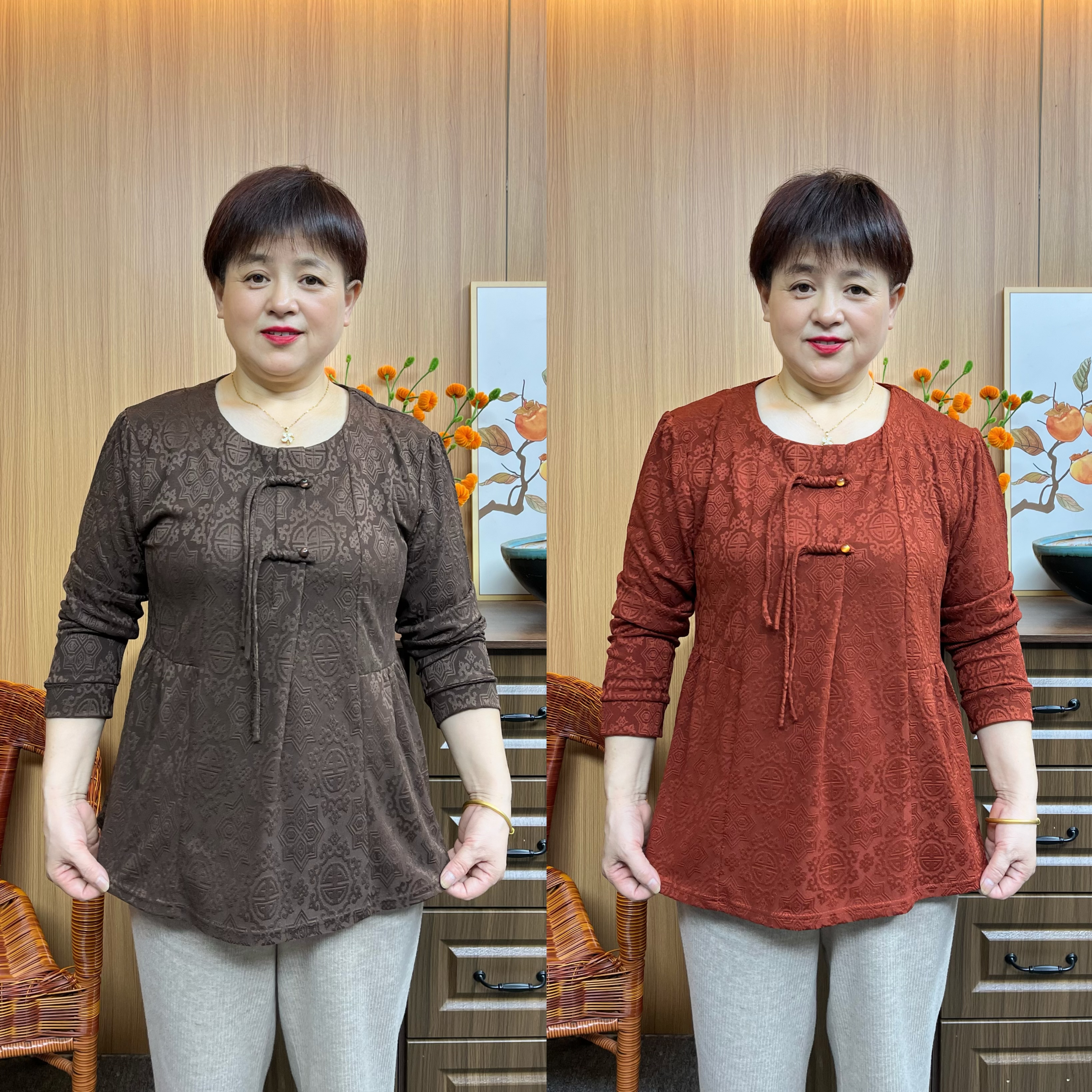 【180斤】春秋国风新中式女装高弹力复古提花宽松气质百搭妈妈装