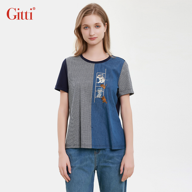 Gitti/吉蒂牛仔格纹拼接刺绣短袖女宽松大码棉T恤G251286