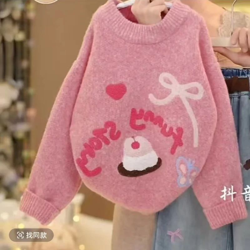 女童时尚韩版毛衣中大童2025新款圆领针织衫儿童洋气加厚秋冬打底