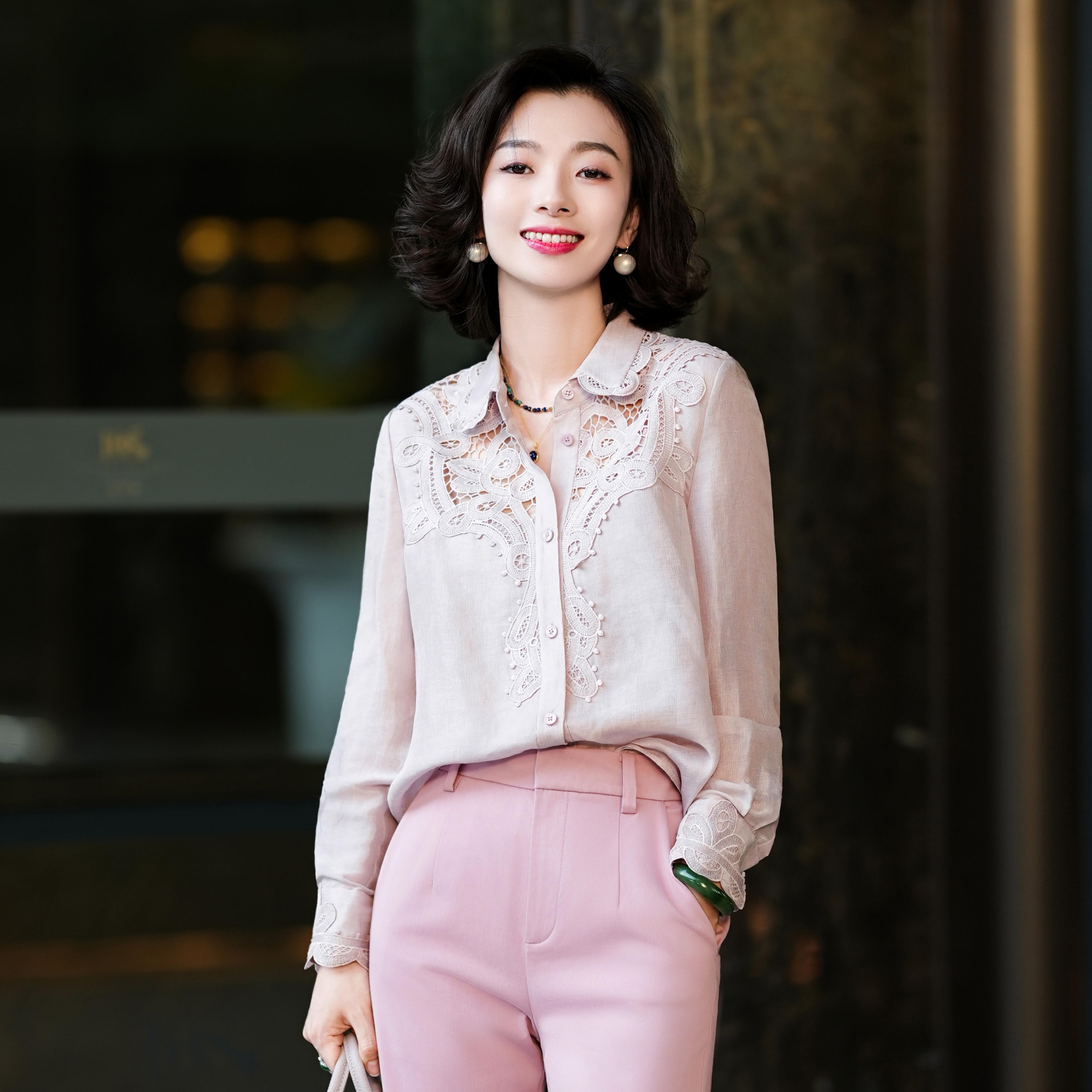 西子/【凡尔赛】桑蚕丝亚麻镂空蕾丝刺绣宫廷风层次感上衣/CSBH1202