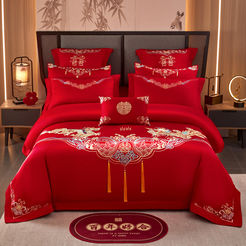 婚庆四件套全棉喜庆结婚床上用品纯棉大红床单被套新婚