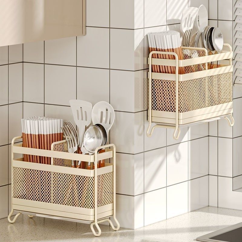 筷子收纳盒厨房置物架免安装一体壁挂式家用筷筒筷笼餐具沥水架LQ